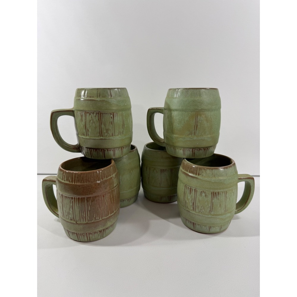 Frankoma Pottery 97M Barrel Mugs Prairie Green Set of 6 Vintage Drinkware